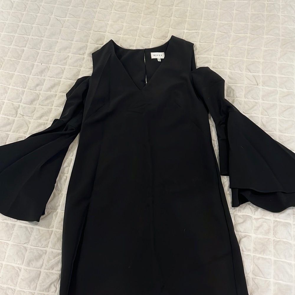 Milly size 4 black flared sleeve dress.  Shoulder cut out.